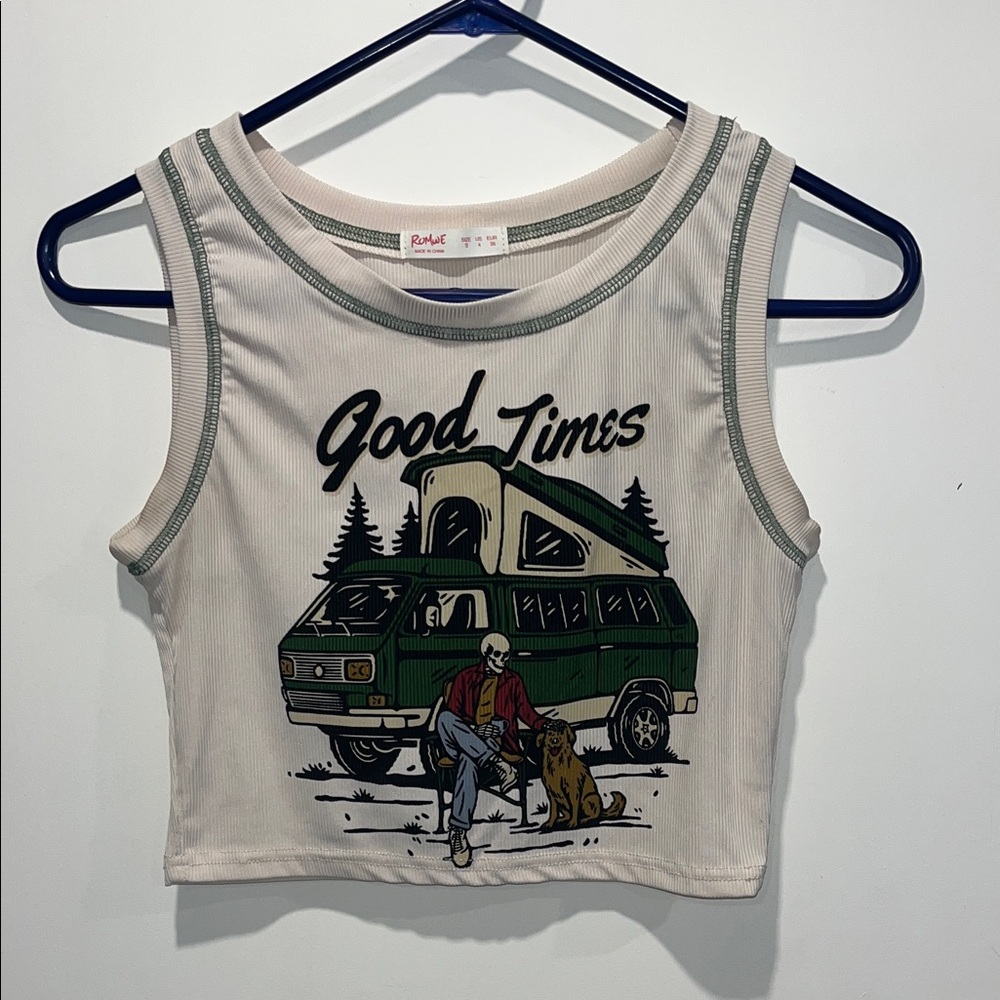 ROMWE Cream Crop Tank with Green Graphic & Trim